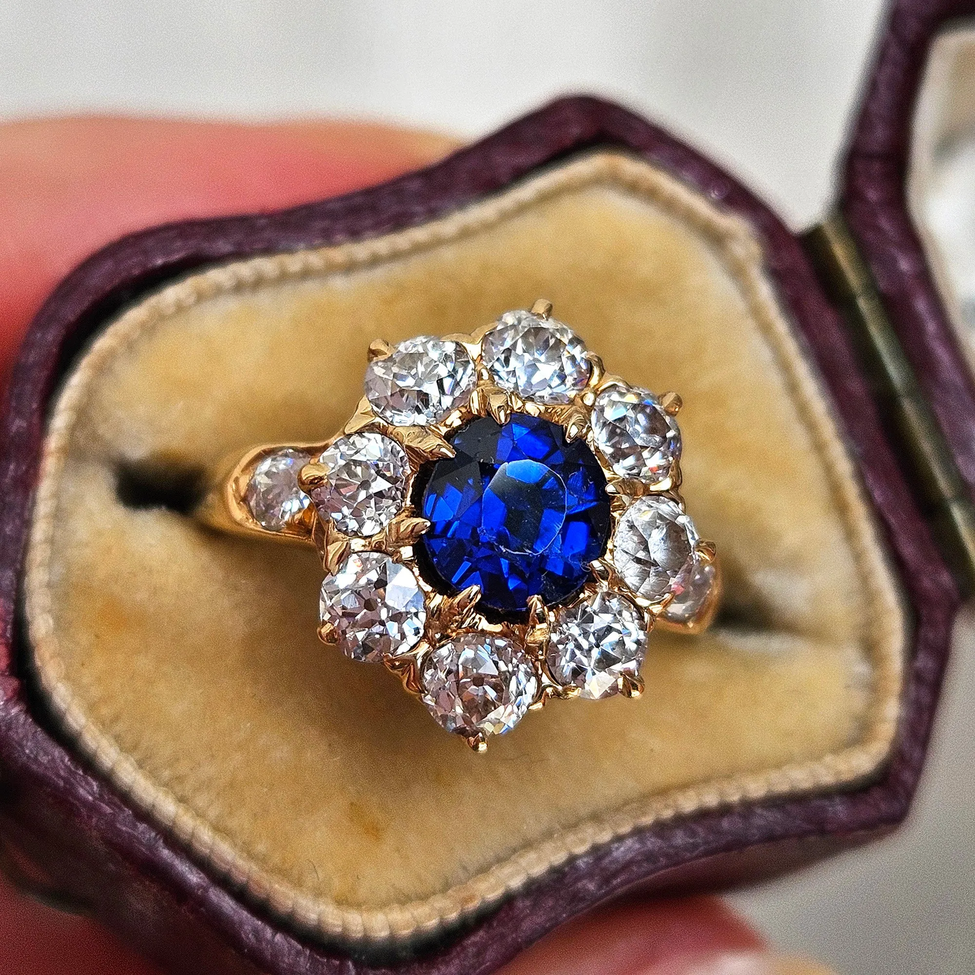 GIA Royal Blue Victorian 2.29ctw No Heat Old Mine Oval Sapphire Diamond Antique Vintage Cluster 14k Gold Ring