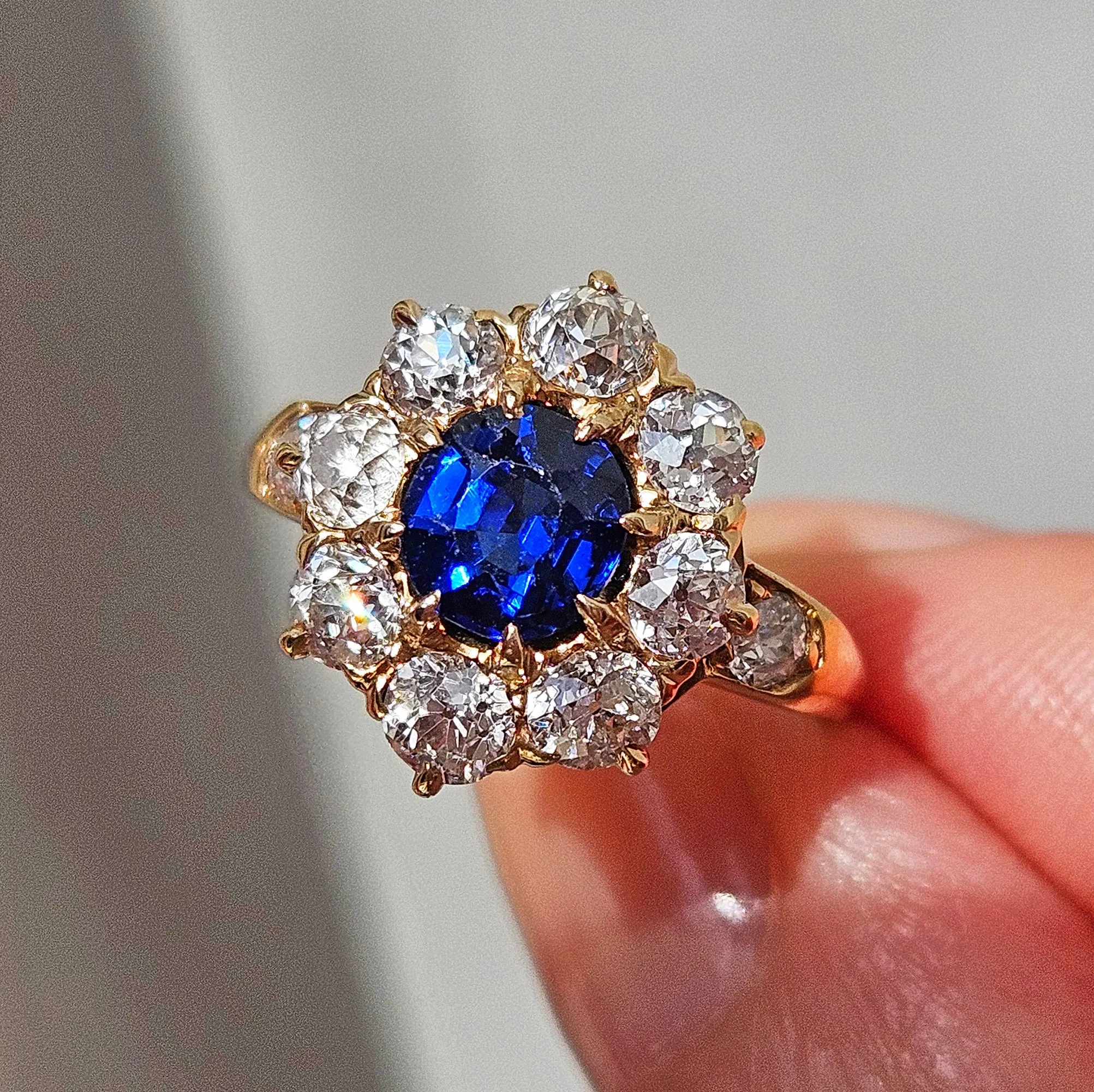 GIA Royal Blue Victorian 2.29ctw No Heat Old Mine Oval Sapphire Diamond Antique Vintage Cluster 14k Gold Ring