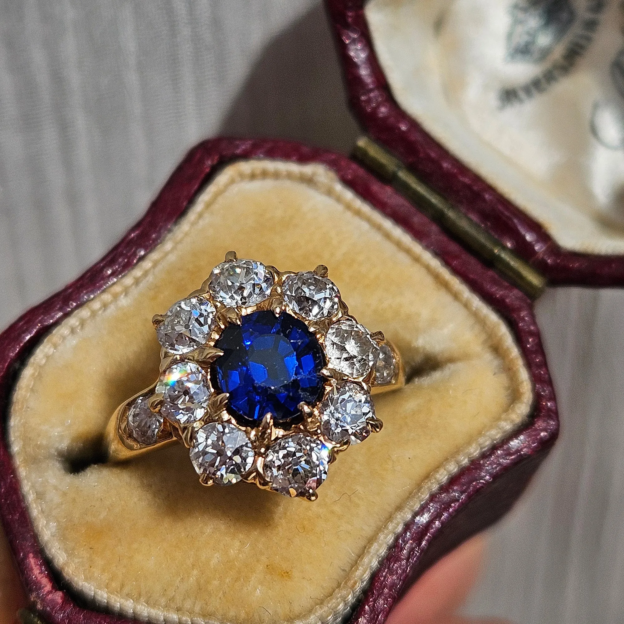 GIA Royal Blue Victorian 2.29ctw No Heat Old Mine Oval Sapphire Diamond Antique Vintage Cluster 14k Gold Ring