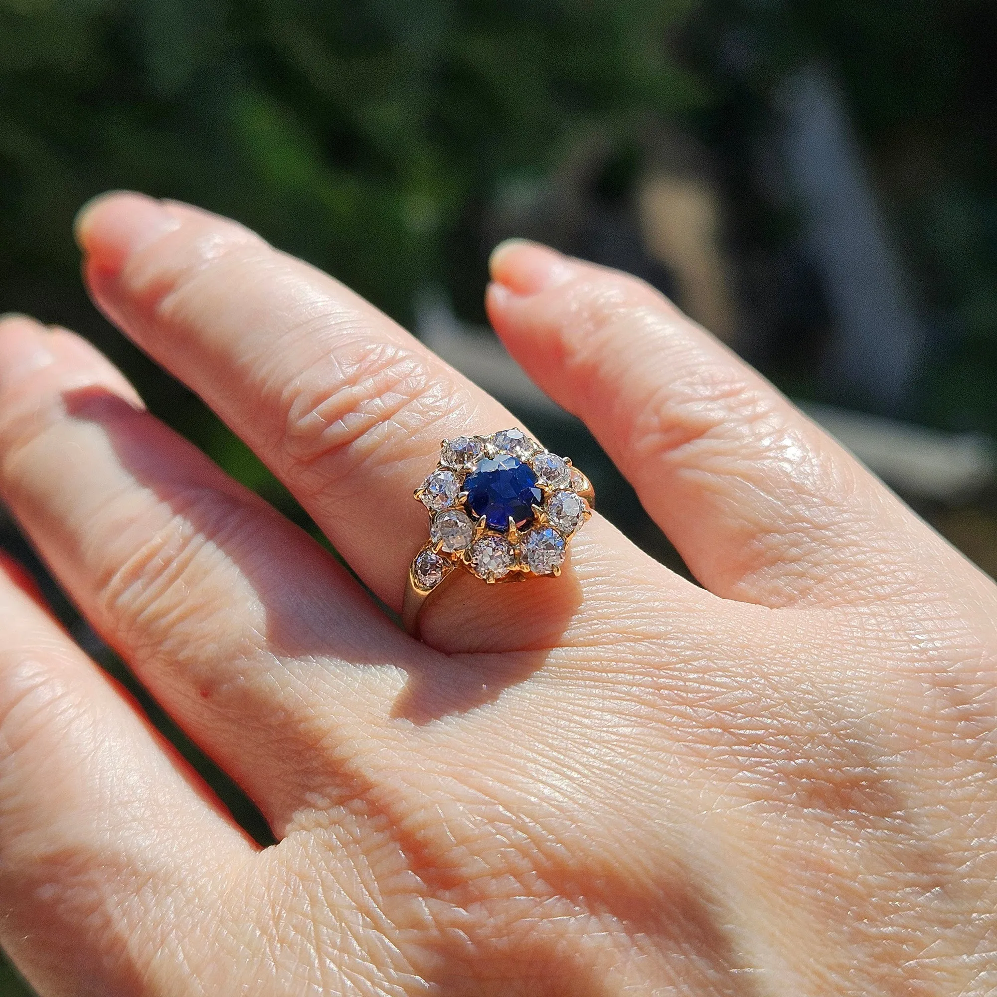 GIA Royal Blue Victorian 2.29ctw No Heat Old Mine Oval Sapphire Diamond Antique Vintage Cluster 14k Gold Ring