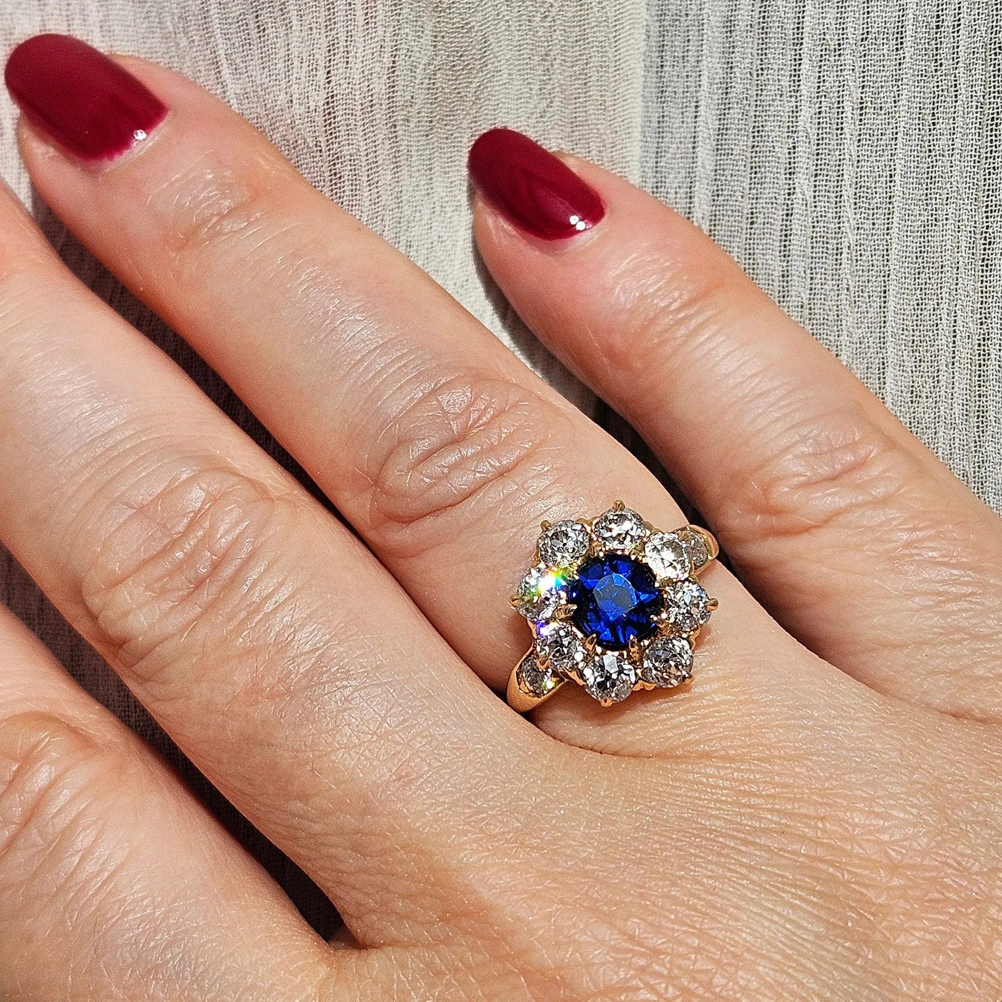 GIA Royal Blue Victorian 2.29ctw No Heat Old Mine Oval Sapphire Diamond Antique Vintage Cluster 14k Gold Ring