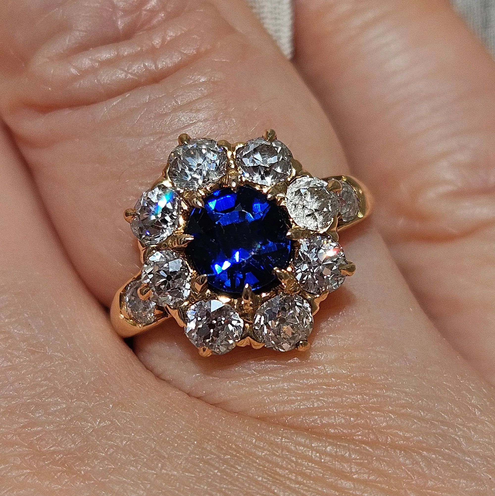 GIA Royal Blue Victorian 2.29ctw No Heat Old Mine Oval Sapphire Diamond Antique Vintage Cluster 14k Gold Ring