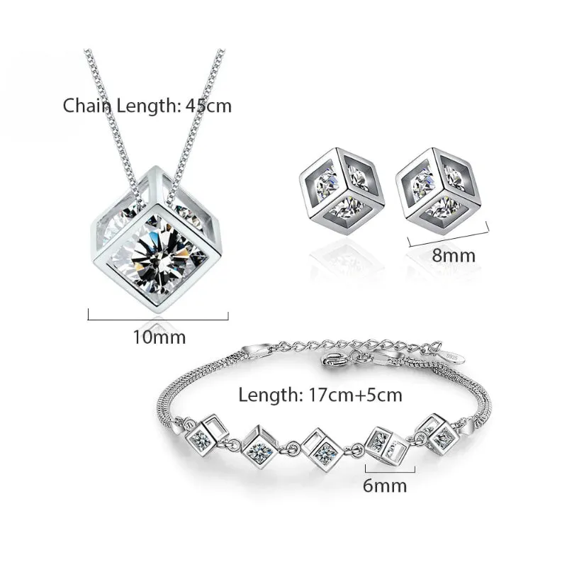 Gleaming Sterling Silver Zircon Cube Fashion Jewelry Set