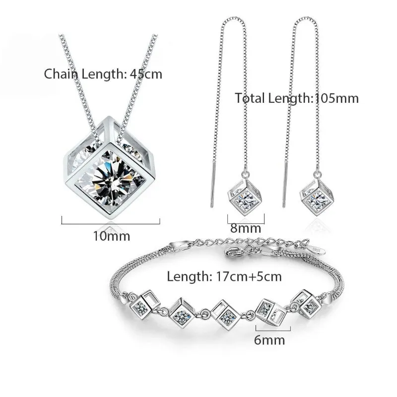 Gleaming Sterling Silver Zircon Cube Fashion Jewelry Set
