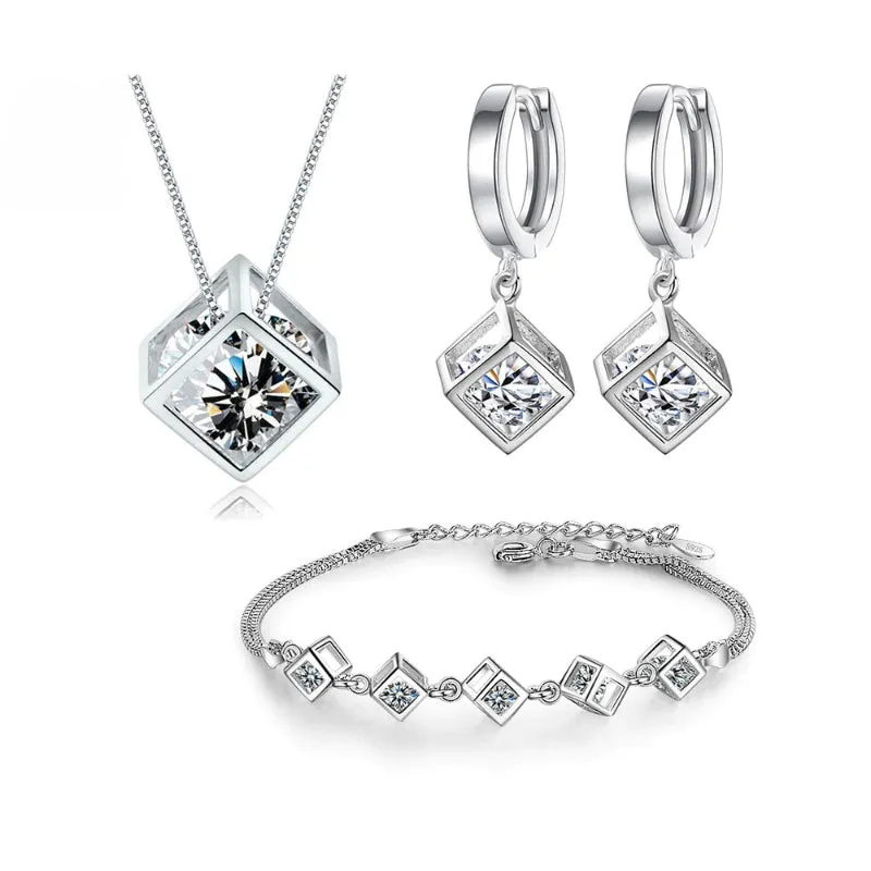 Gleaming Sterling Silver Zircon Cube Fashion Jewelry Set