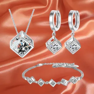 Gleaming Sterling Silver Zircon Cube Fashion Jewelry Set