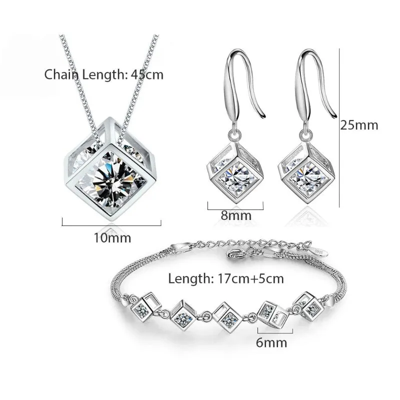 Gleaming Sterling Silver Zircon Cube Fashion Jewelry Set