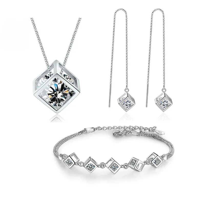 Gleaming Sterling Silver Zircon Cube Fashion Jewelry Set