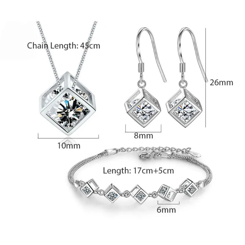 Gleaming Sterling Silver Zircon Cube Fashion Jewelry Set