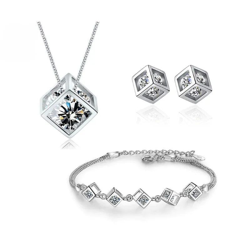 Gleaming Sterling Silver Zircon Cube Fashion Jewelry Set