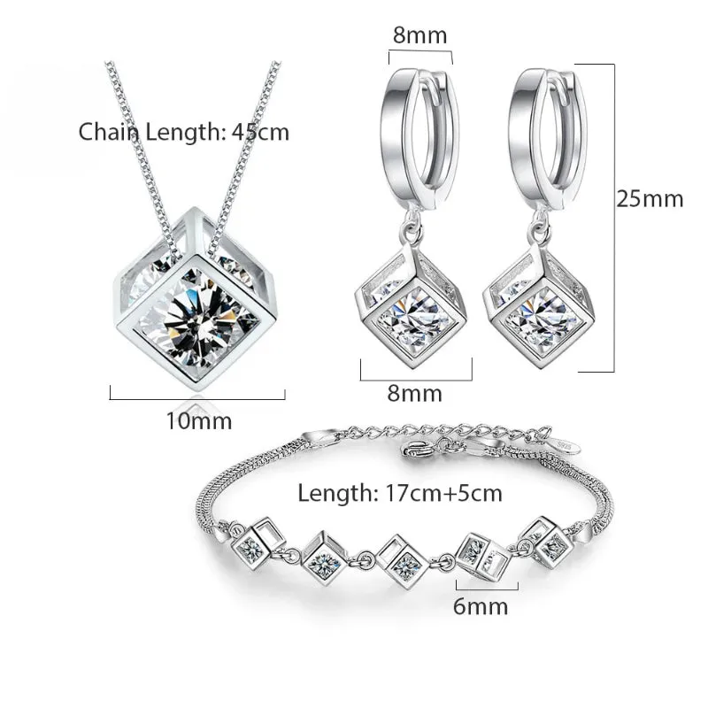 Gleaming Sterling Silver Zircon Cube Fashion Jewelry Set