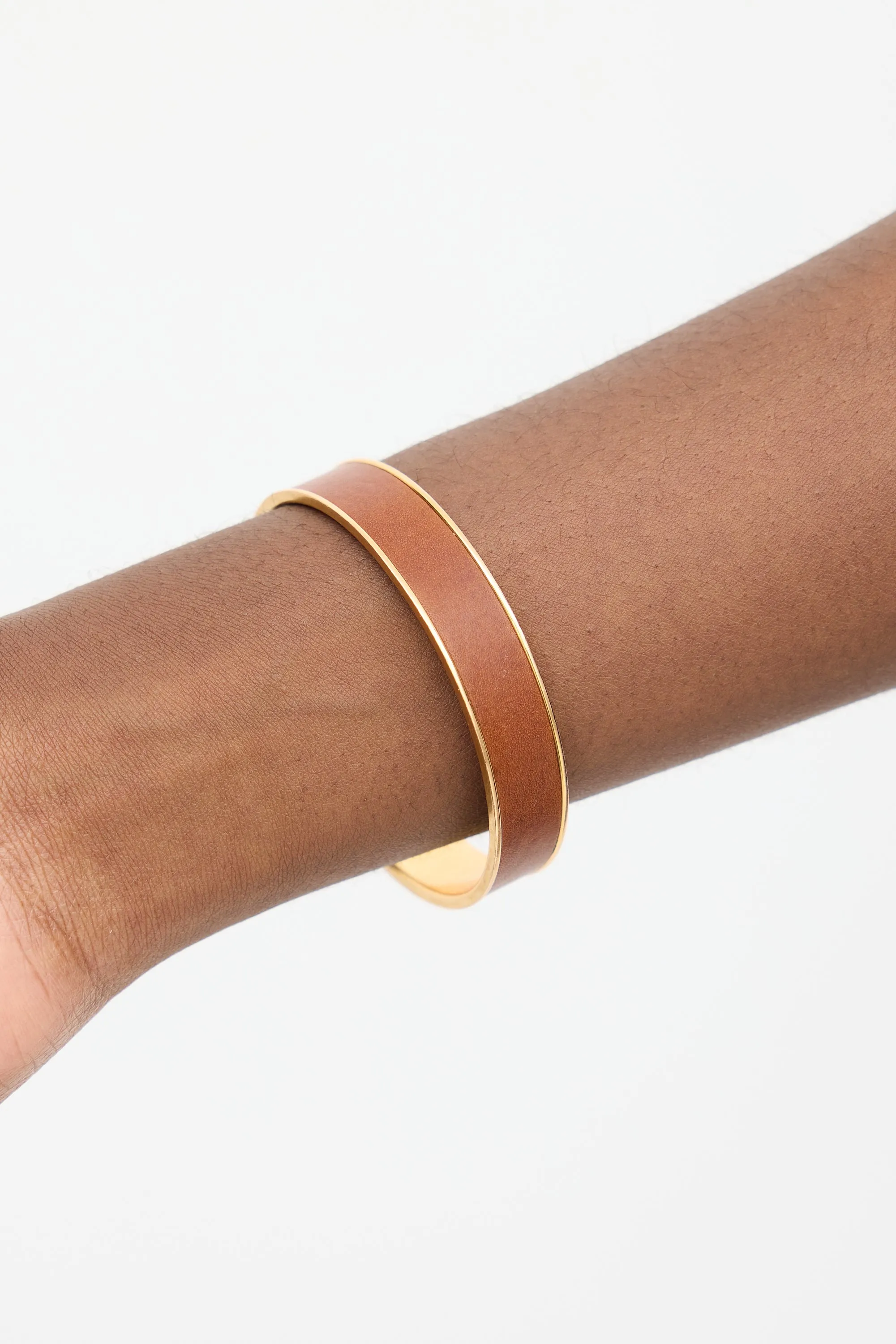 Gold & Brown Leather Kawaii Bangle Bracelet