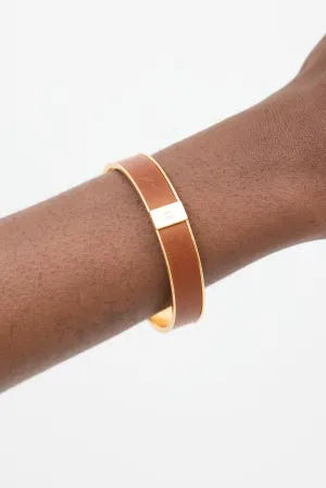 Gold & Brown Leather Kawaii Bangle Bracelet