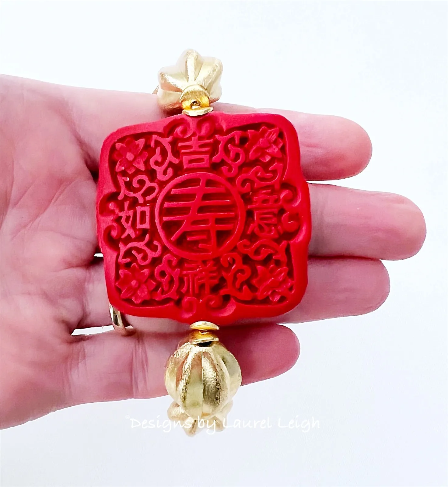 Gold Oval Red Cinnabar Focal Bead Bracelet