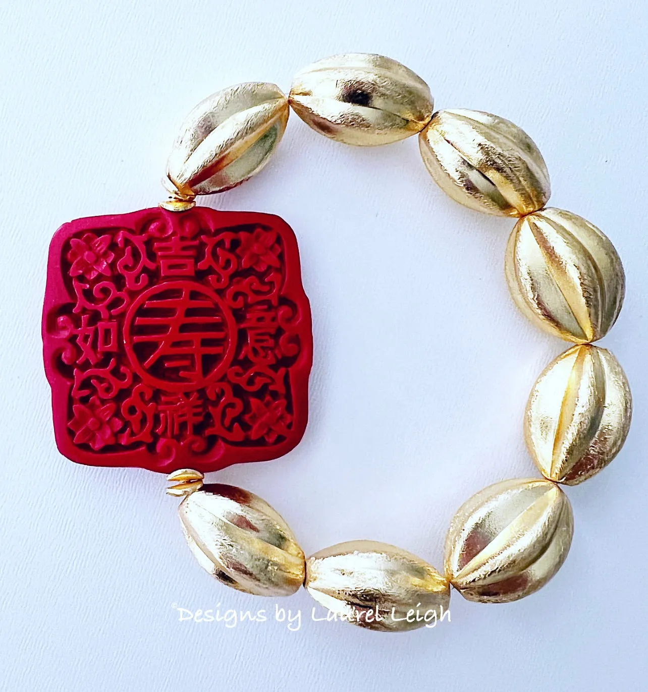 Gold Oval Red Cinnabar Focal Bead Bracelet