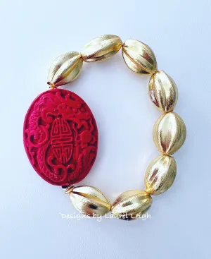 Gold Oval Red Cinnabar Focal Bead Bracelet