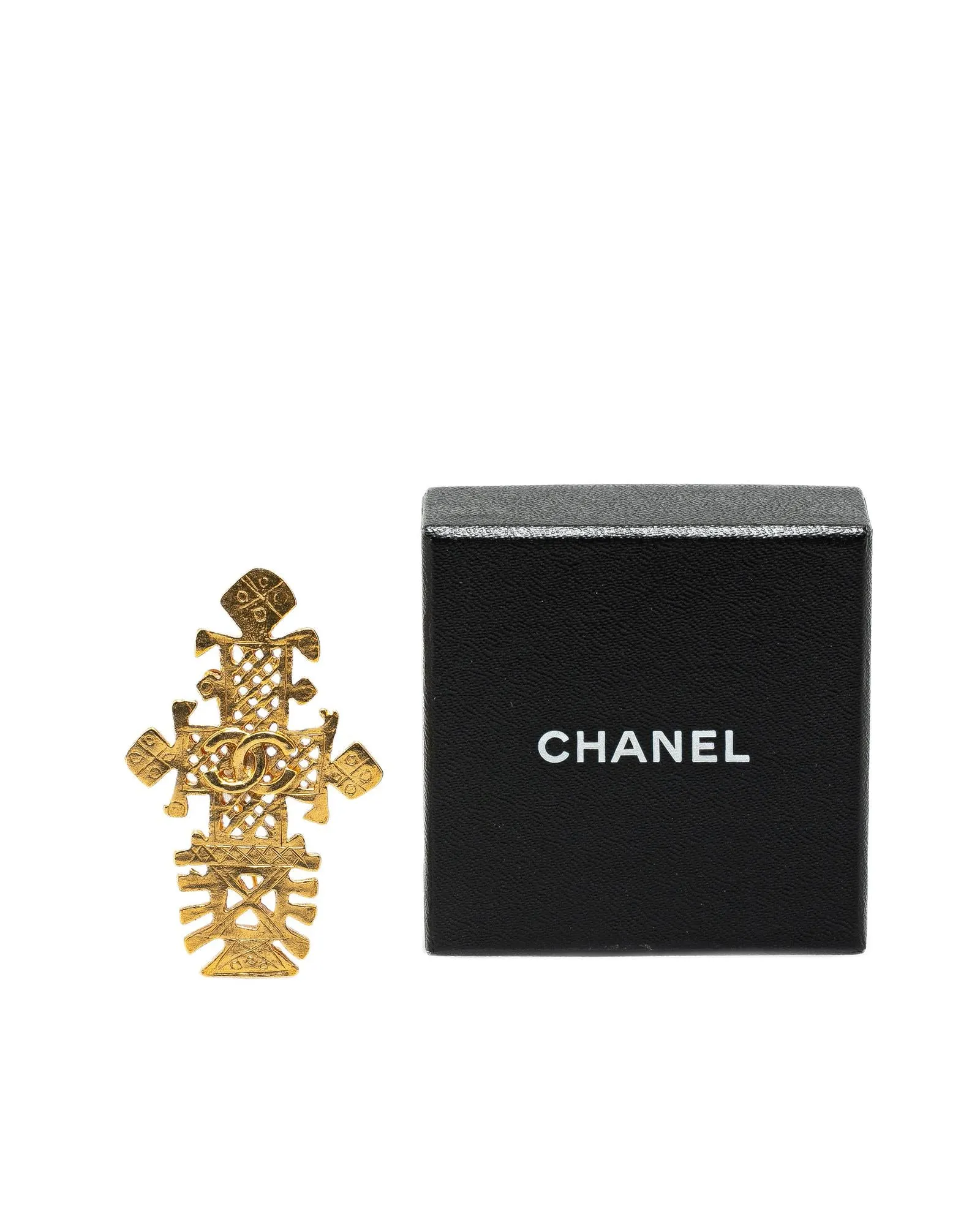 Gold Plated Cross Brooch with CC Design