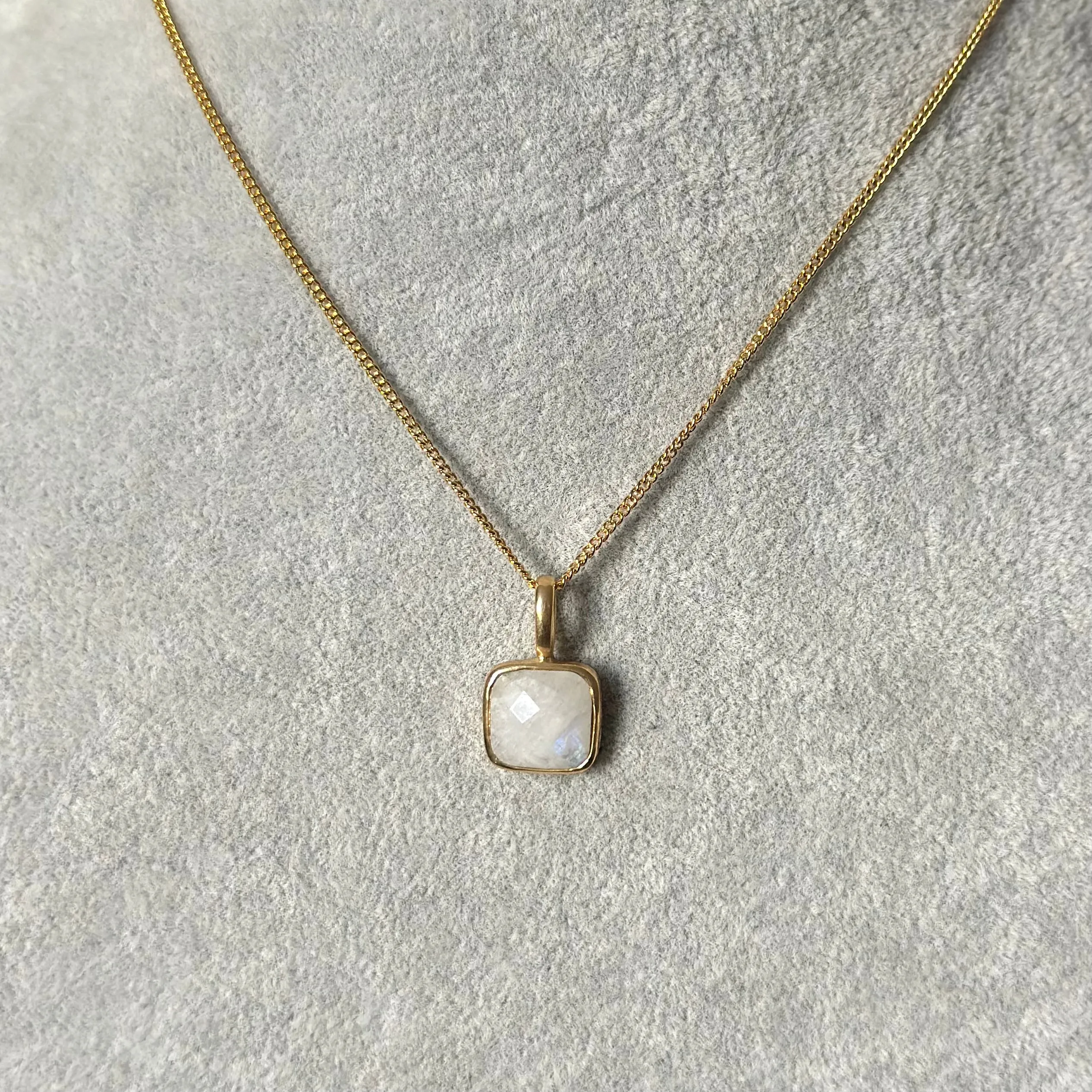 Gold Plated Sterling Silver Pendant Necklace with a Faceted Square Gemstone - Moonstone