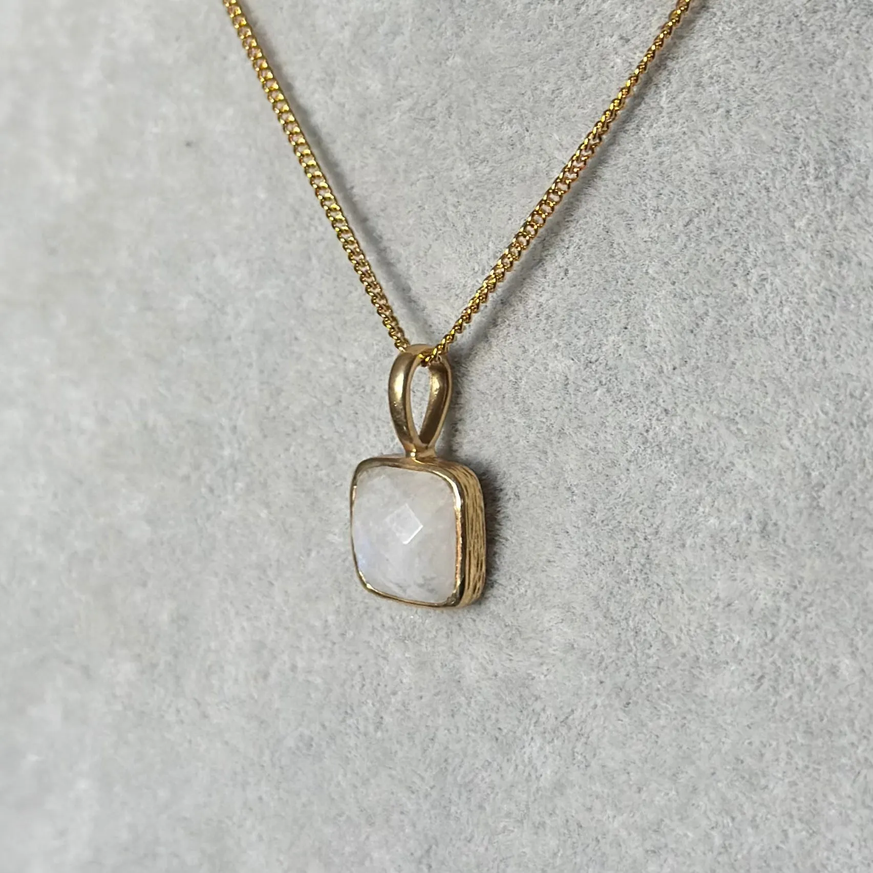 Gold Plated Sterling Silver Pendant Necklace with a Faceted Square Gemstone - Moonstone