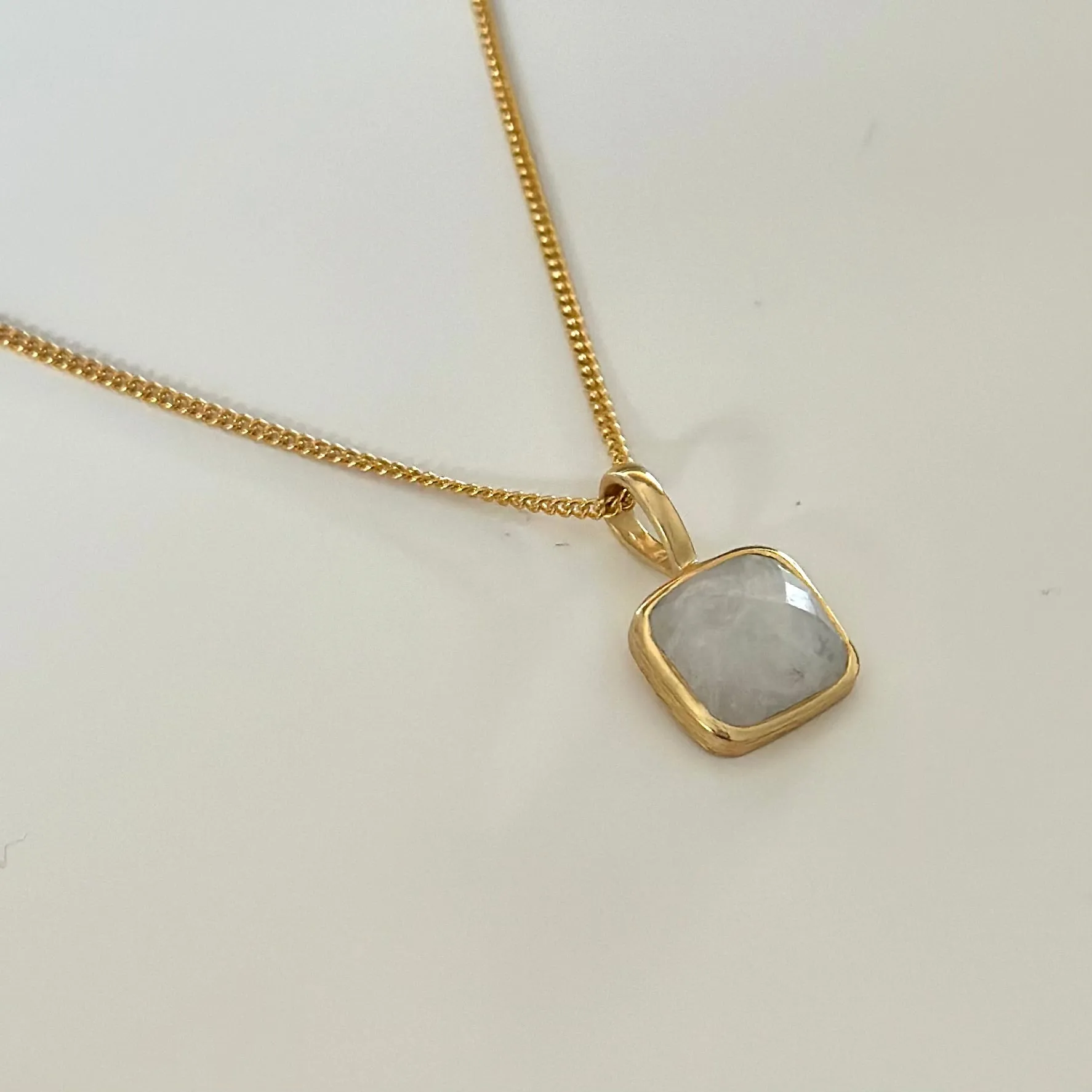 Gold Plated Sterling Silver Pendant Necklace with a Faceted Square Gemstone - Moonstone