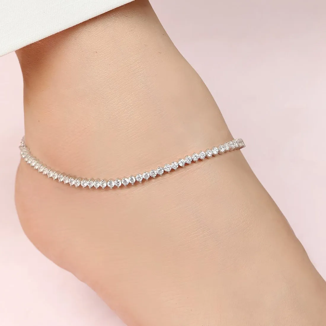 Graceful One Line Cubic Zirconia Rhodium Plated 925 Sterling Silver Anklet