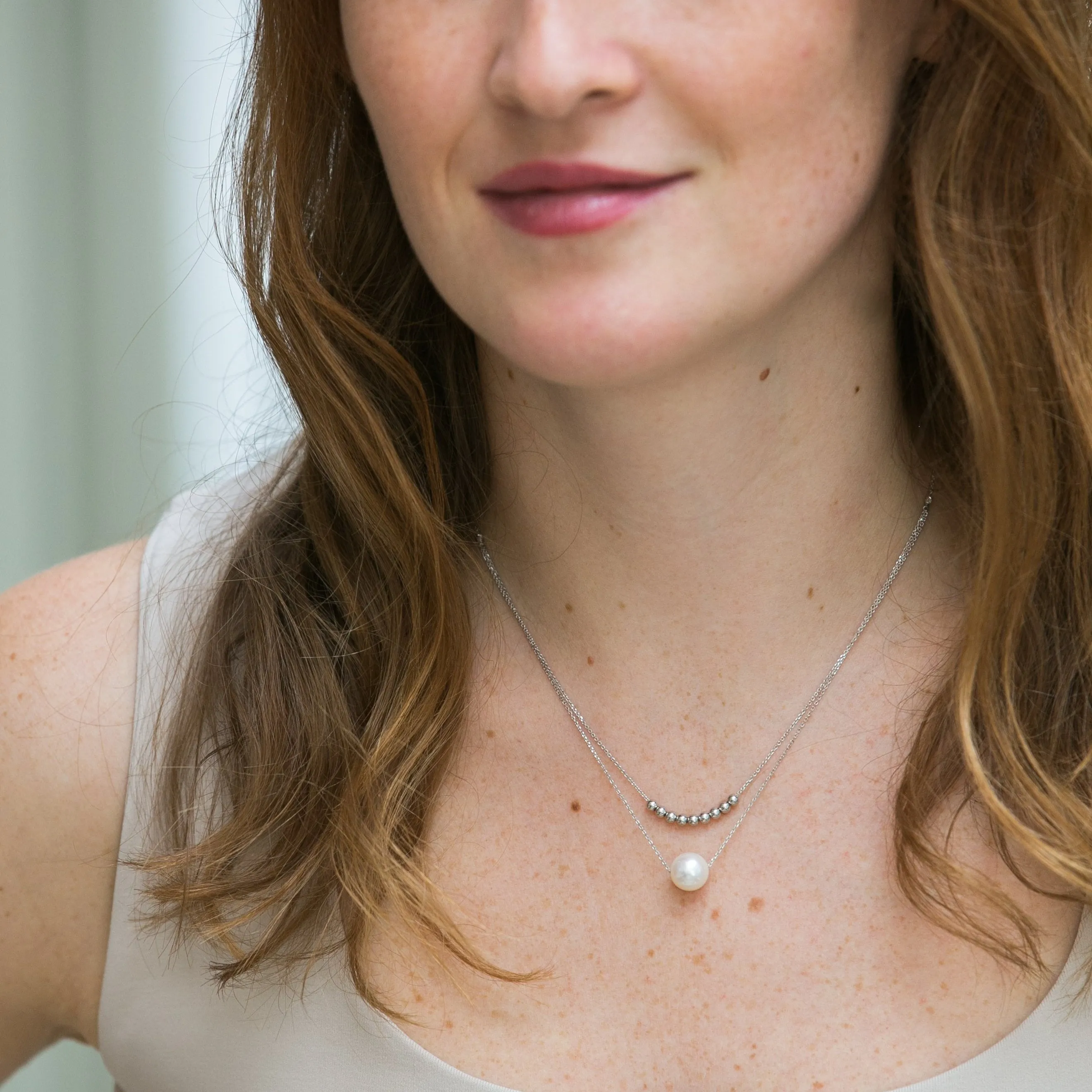 Gratia double silver chain necklace with cultured freshwater pearl