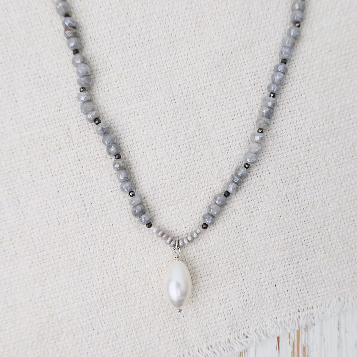 Grey Moonstone with White Pearl Drop Necklace