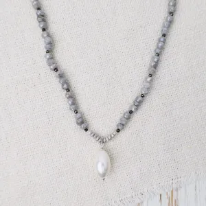 Grey Moonstone with White Pearl Drop Necklace