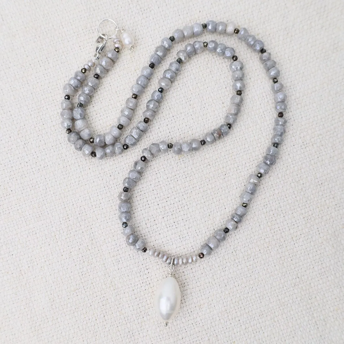 Grey Moonstone with White Pearl Drop Necklace
