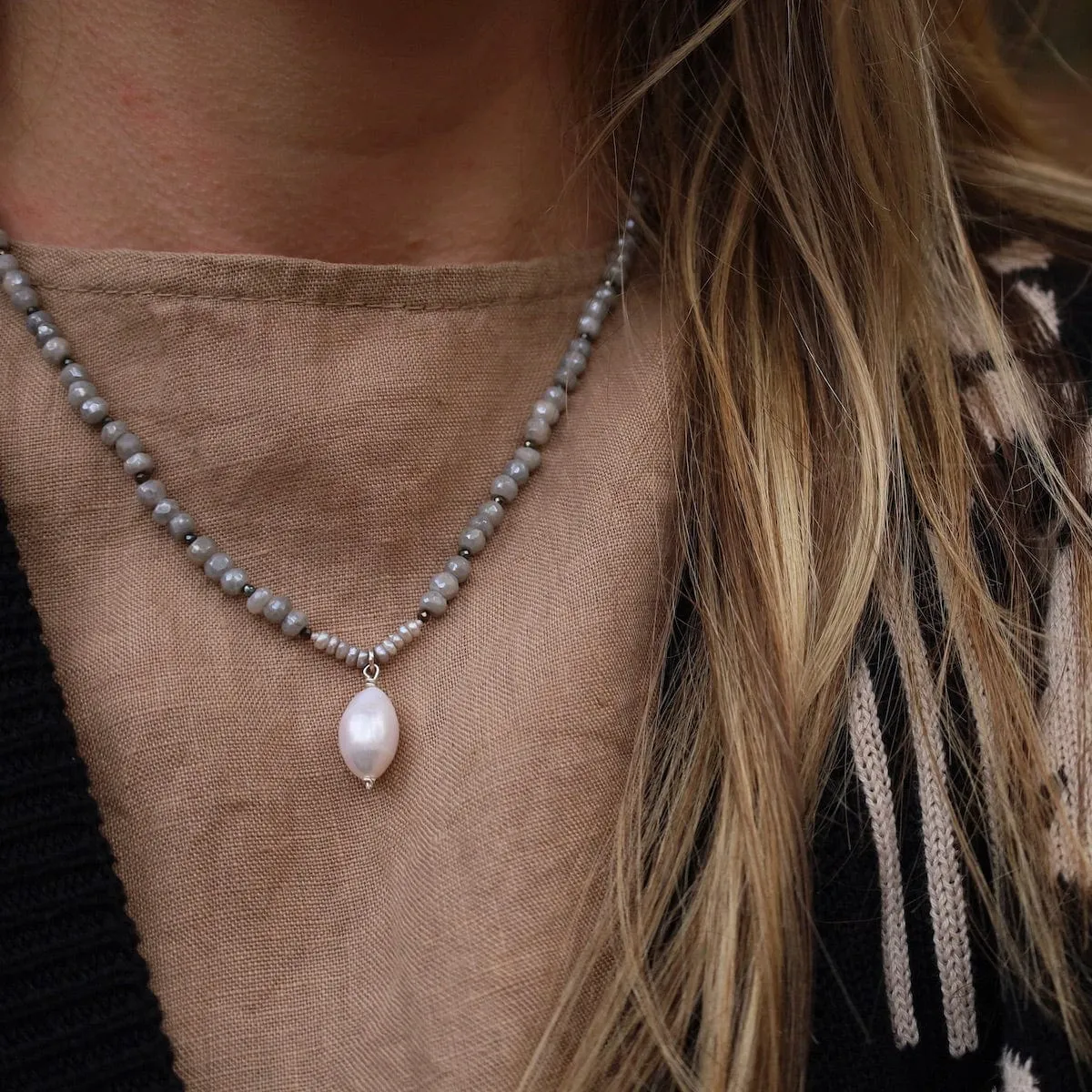 Grey Moonstone with White Pearl Drop Necklace