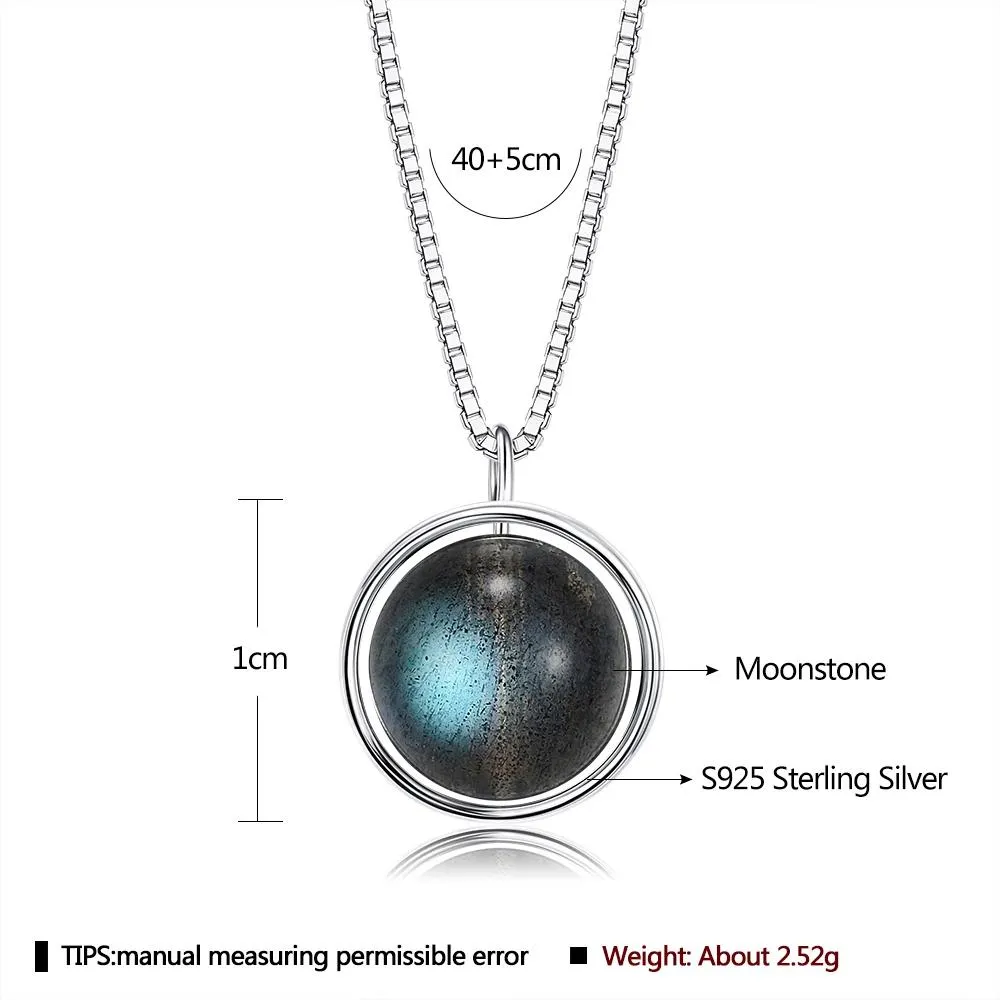 INALIS - 925 Sterling Silver Round Pendant Black Moonstone Necklace