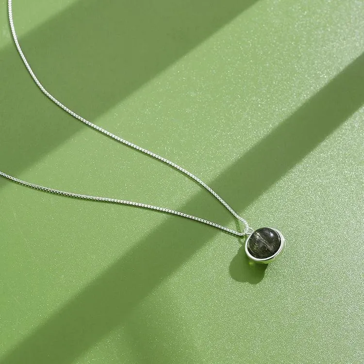 INALIS - 925 Sterling Silver Round Pendant Black Moonstone Necklace