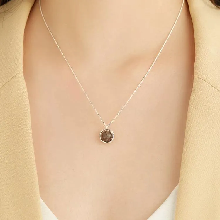 INALIS - 925 Sterling Silver Round Pendant Black Moonstone Necklace