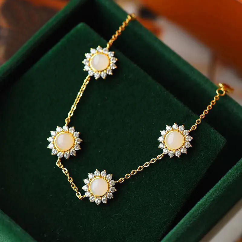 Inspired design silver inlaid natural Hetian chalcedony daisy sun flower bracelet