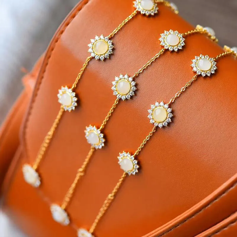 Inspired design silver inlaid natural Hetian chalcedony daisy sun flower bracelet