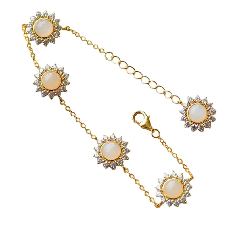 Inspired design silver inlaid natural Hetian chalcedony daisy sun flower bracelet