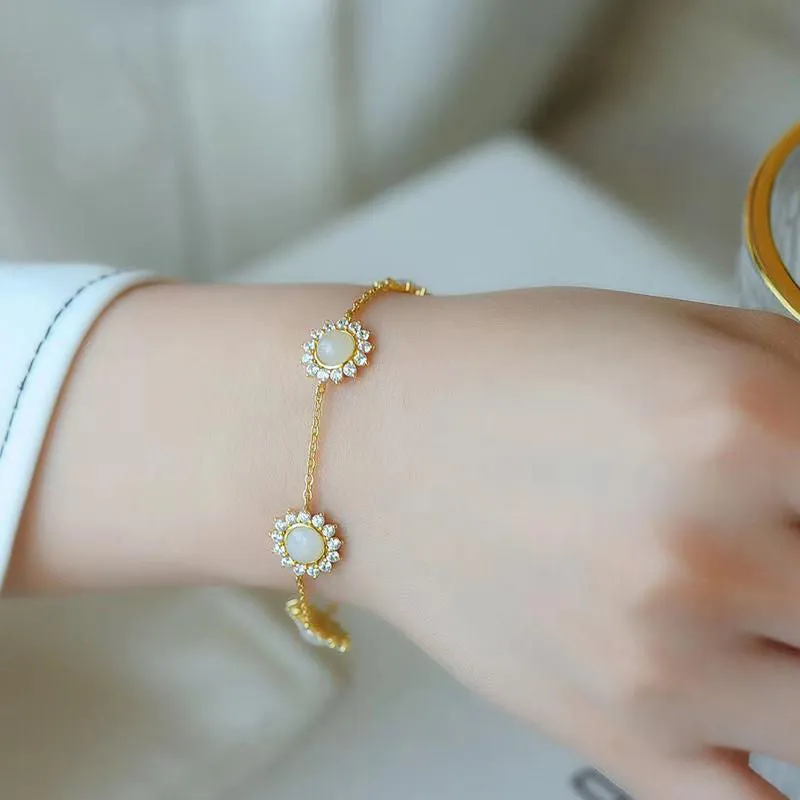 Inspired design silver inlaid natural Hetian chalcedony daisy sun flower bracelet