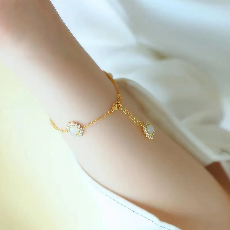 Inspired design silver inlaid natural Hetian chalcedony daisy sun flower bracelet
