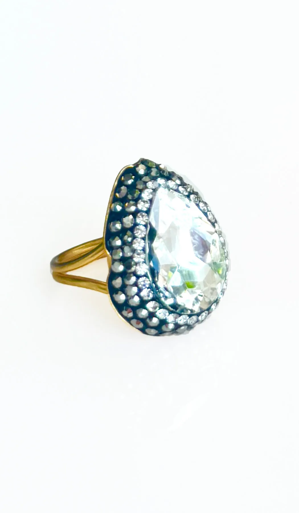 Jeweled Clear and Smoky Crystal Teardrop Cocktail Ring