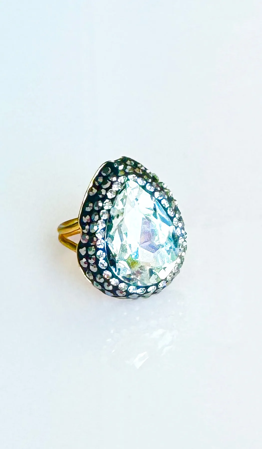 Jeweled Clear and Smoky Crystal Teardrop Cocktail Ring