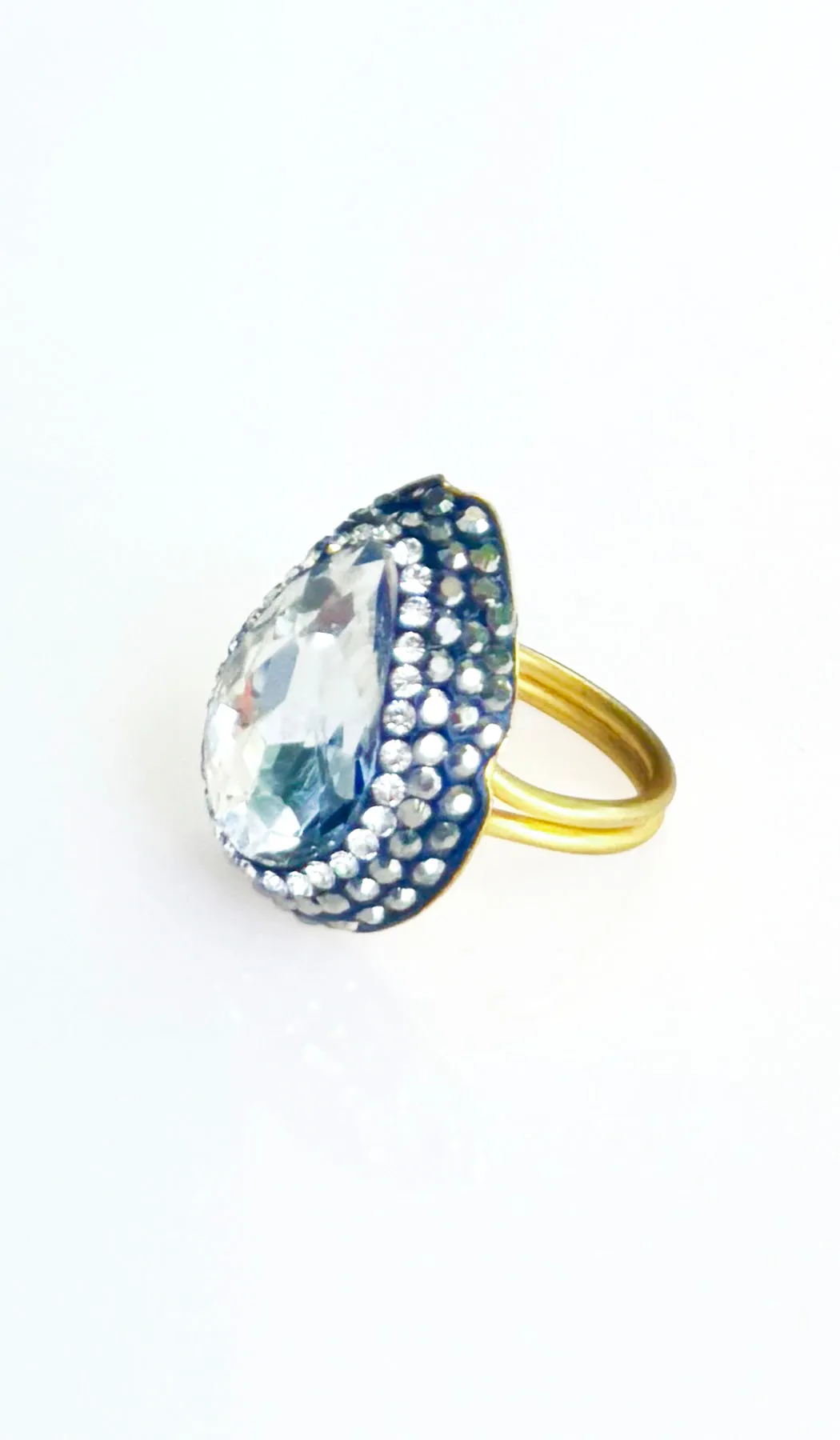 Jeweled Clear and Smoky Crystal Teardrop Cocktail Ring
