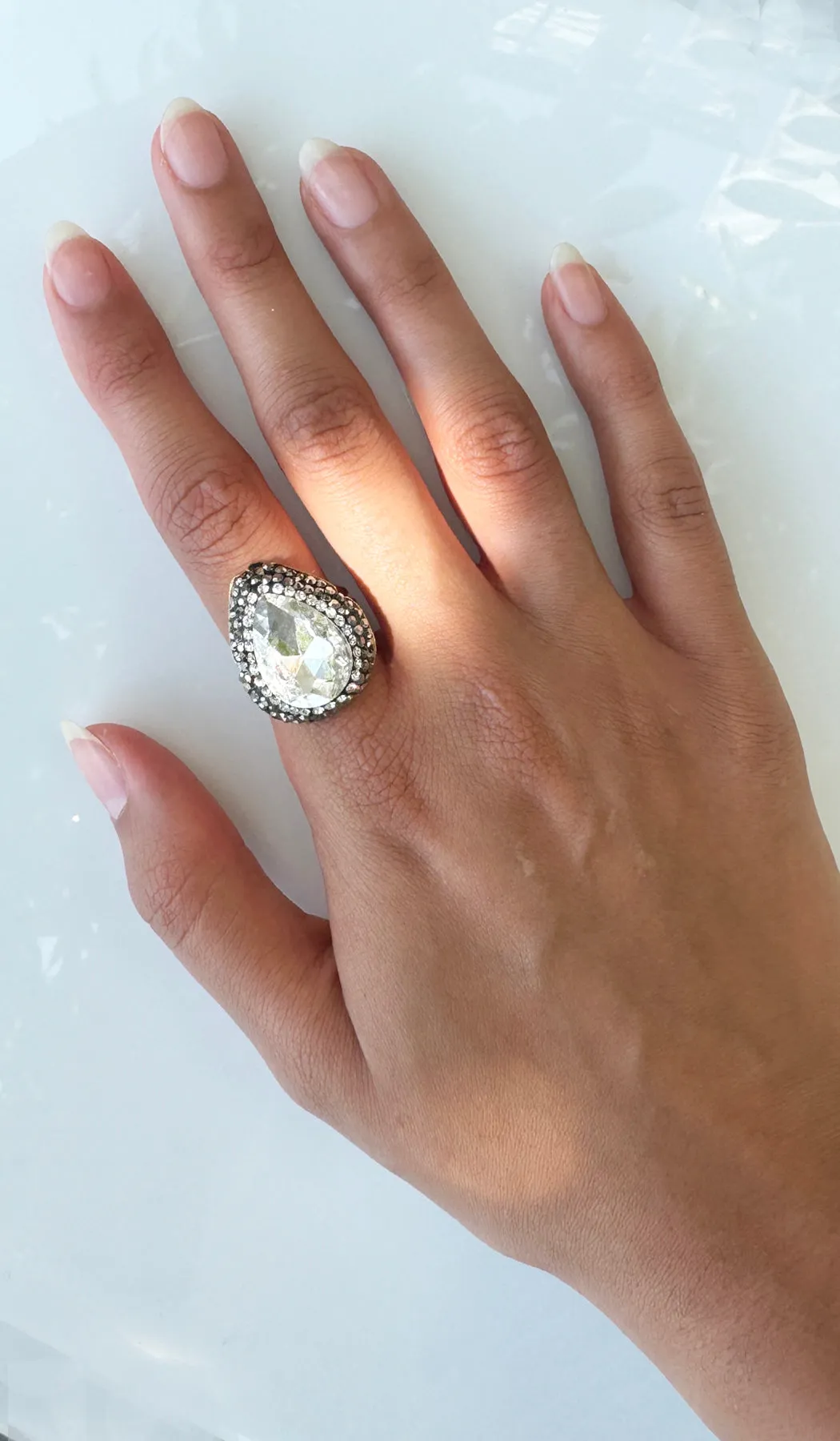 Jeweled Clear and Smoky Crystal Teardrop Cocktail Ring