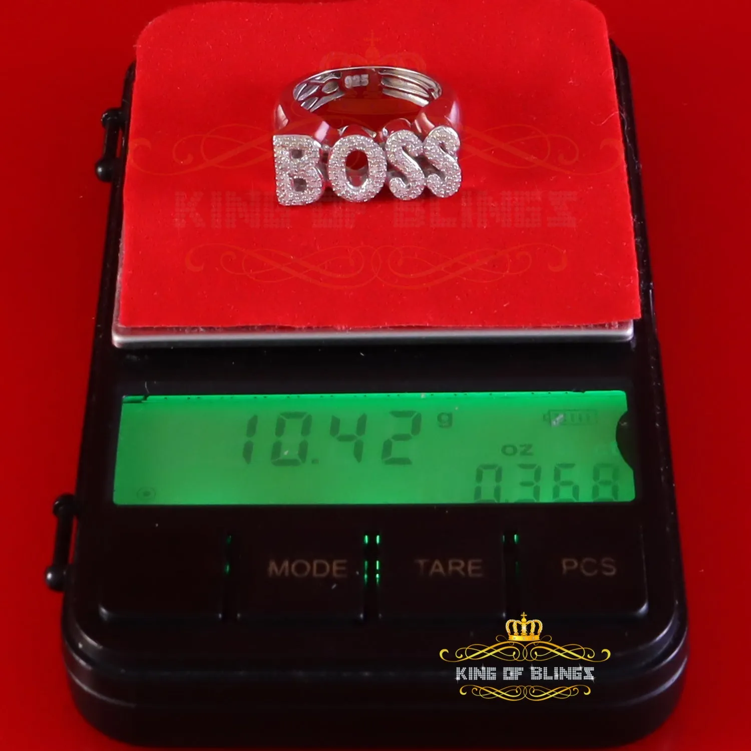 King Of Bling's "BOSS" Men's Ring 925 Silver White Metal with 0.50ct Real Diamond Men's SZ 8