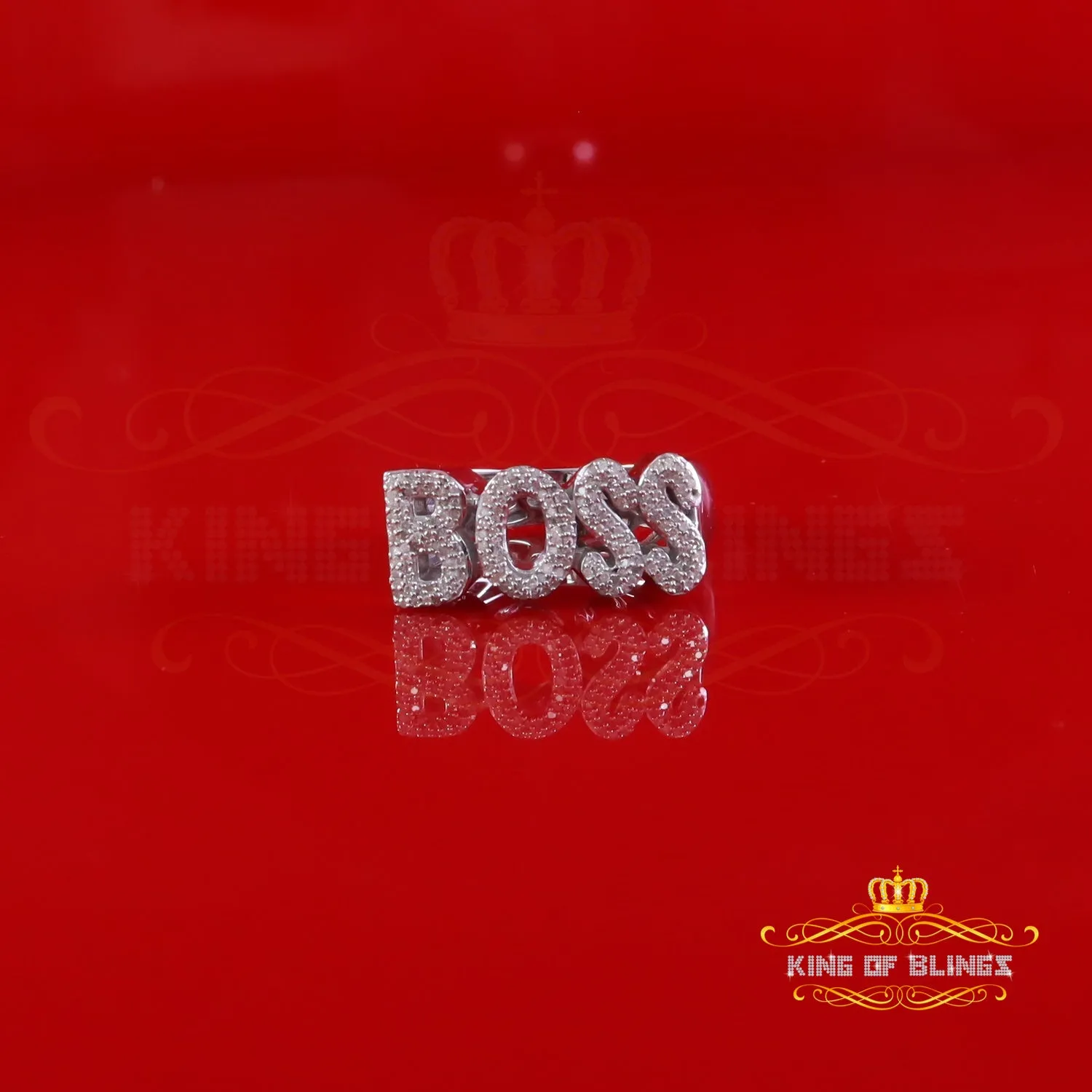 King Of Bling's "BOSS" Men's Ring 925 Silver White Metal with 0.50ct Real Diamond Men's SZ 8