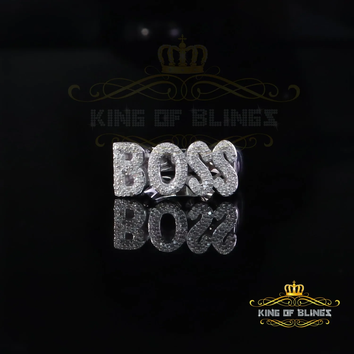 King Of Bling's "BOSS" Men's Ring 925 Silver White Metal with 0.50ct Real Diamond Men's SZ 8