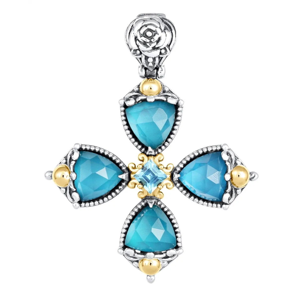 Konstantino Sterling Silver and 18K Yellow Gold Blue Marine Triplet and Topaz Cross Pendant