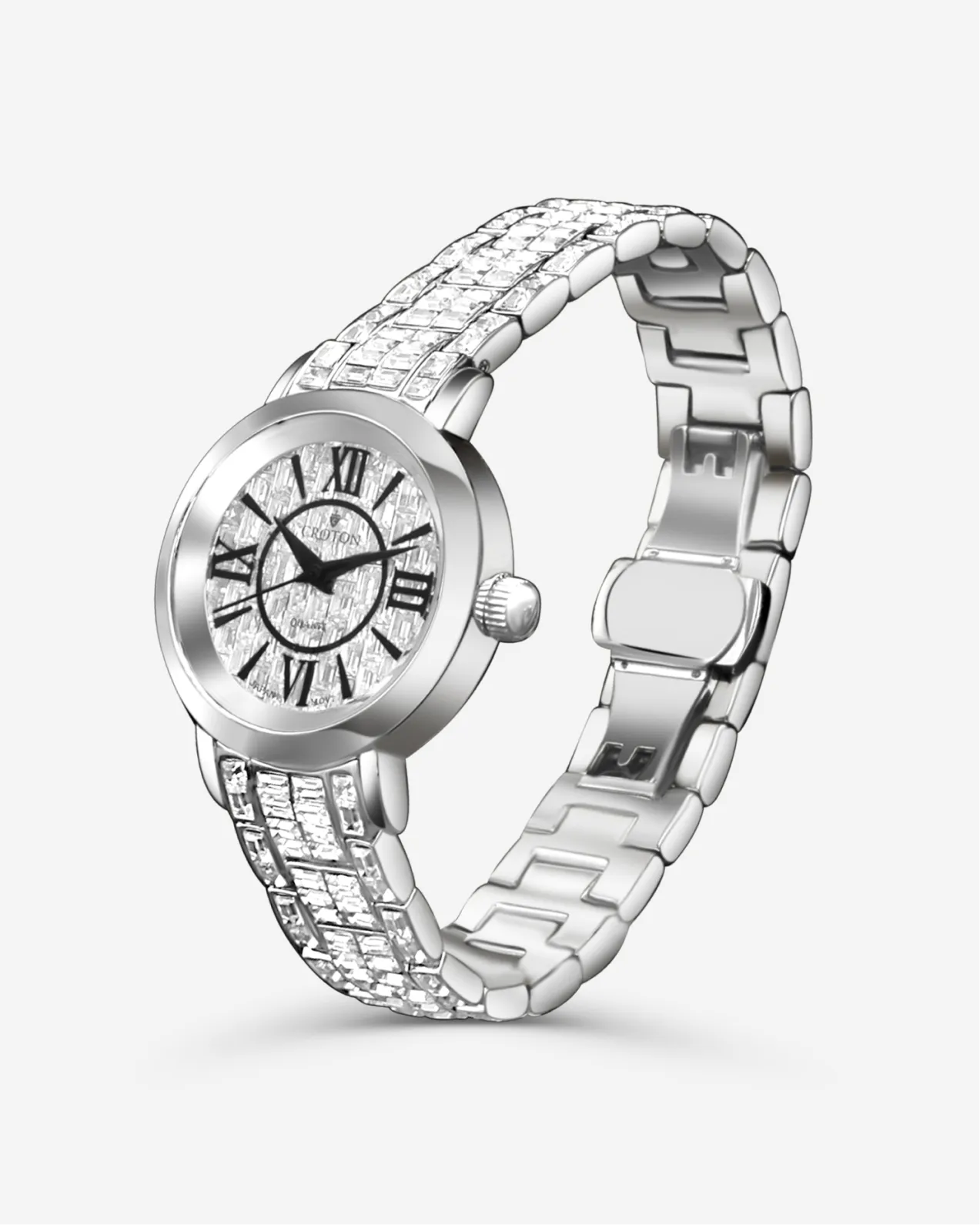 Ladies Silvdertone Quartz Dress Watch with CZ Baguette Dial & Bracelet