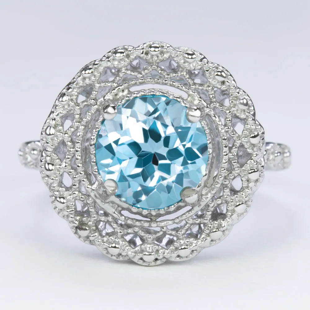 LONDON BLUE TOPAZ STERLING SILVER RING VINTAGE STYLE FILIGREE HALO ROUND BLUE
