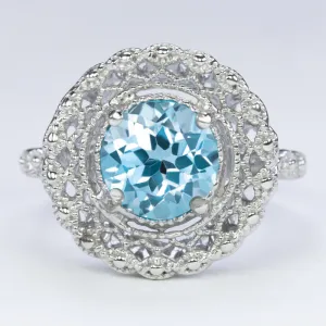 LONDON BLUE TOPAZ STERLING SILVER RING VINTAGE STYLE FILIGREE HALO ROUND BLUE