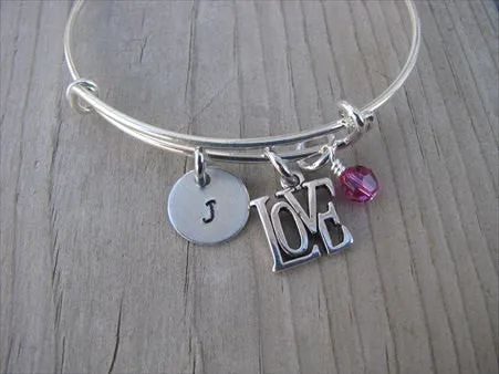 Love Charm Bracelet- Adjustable Bangle Bracelet with an Initial Charm and an Accent Bead in your choice of colors